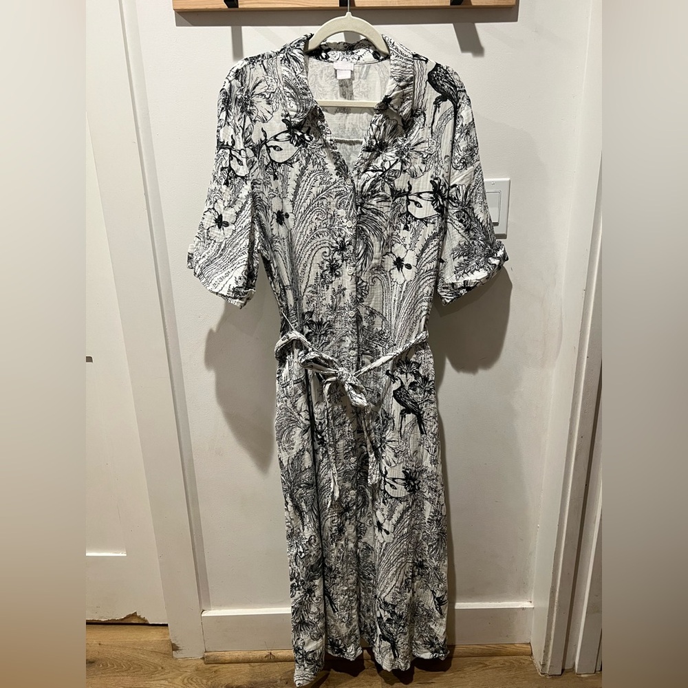 Chico's Floral Bird Botanical Print Cotton Short Sleeve Maxi Shirt Dress